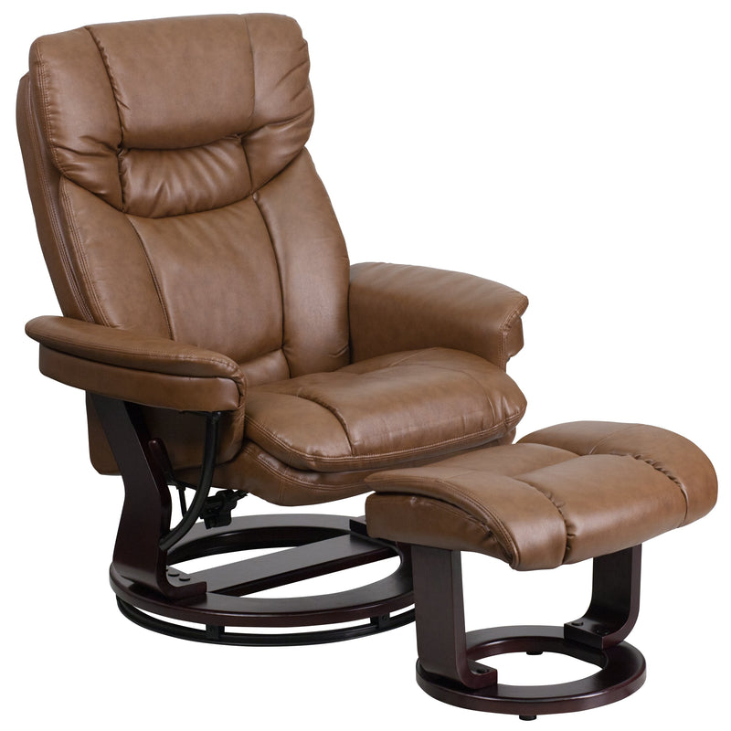 LeatherSoft Contemporary Multi-Position Recliner and Curved Ottoman with Swivel Mahogany Wood Base in Palimino (BT-7821-PALIMINO-GG)