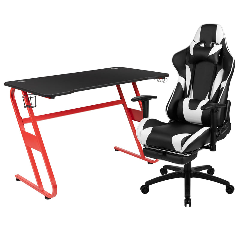 Red Gaming Desk and Black Footrest Reclining Gaming Chair Set with Cup Holder and Headphone Hook (ALA-CMOY-451409)