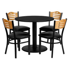 36'' Round Black Laminate Table Set with 4 Wood Slat Back Metal Chairs (MD-0009-GG)