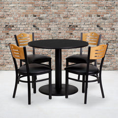 36'' Round Black Laminate Table Set with 4 Wood Slat Back Metal Chairs (MD-0009-GG)